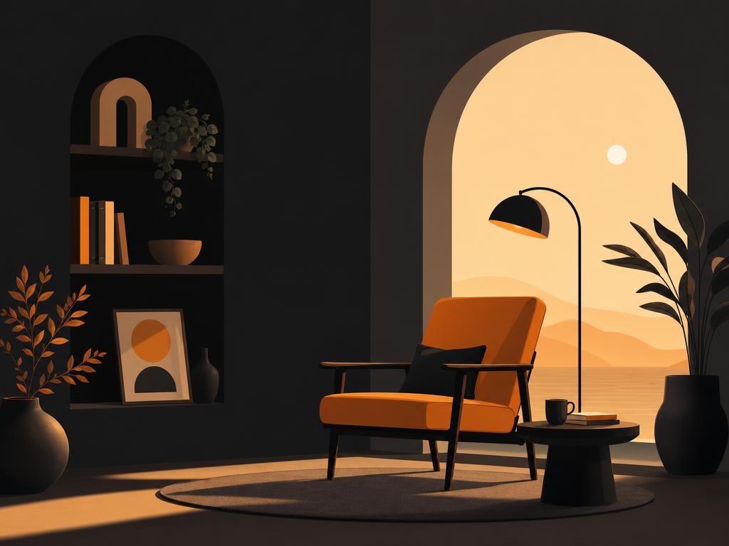 Flat vector illustration of a sunrise arc or morning timeline with a single glowing focus block, warm amber and orange g