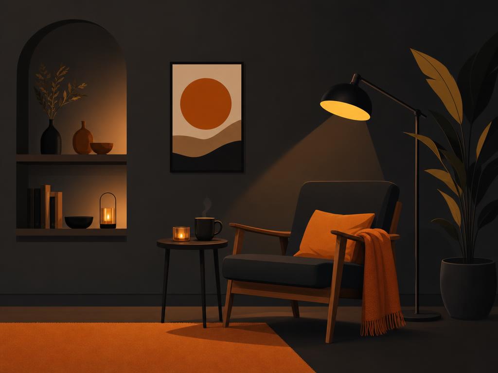 Flat vector illustration of a single glowing circular focus ring or timer arc in warm orange on deep charcoal, with subt
